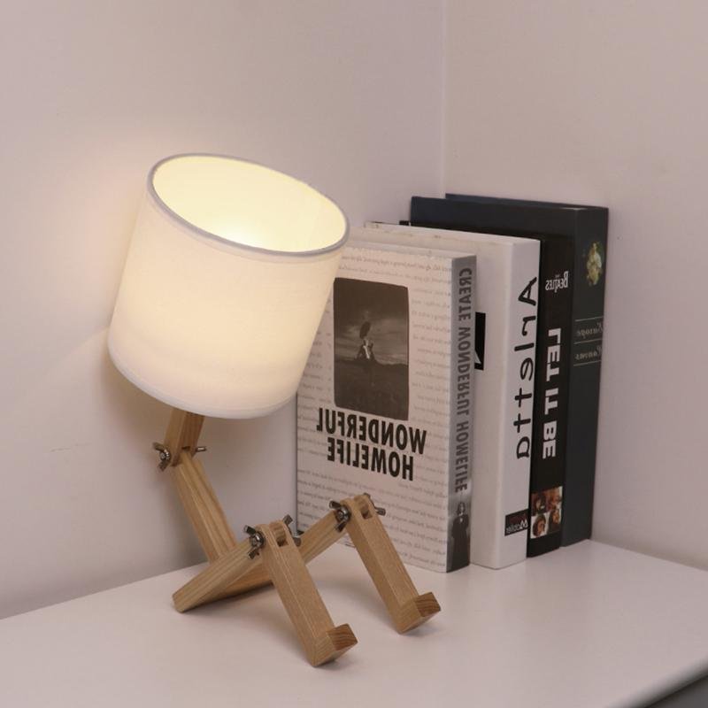 Rustic Adjustable LED Wooden Robot Table Lamp for Bedroom or Office