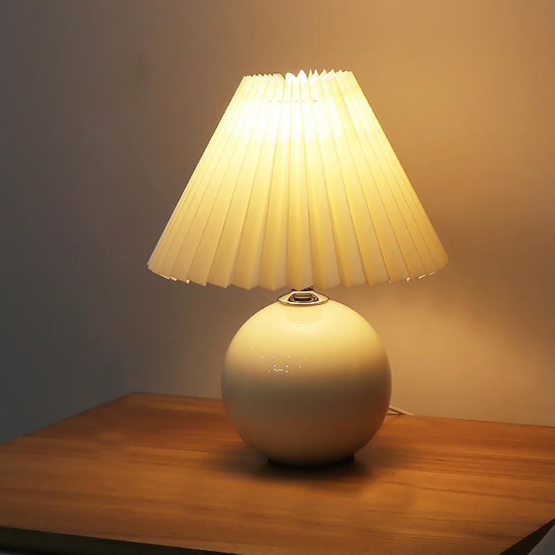 Stylish White Ceramic Globe Table Lamp with Pleated Shade for Living Room