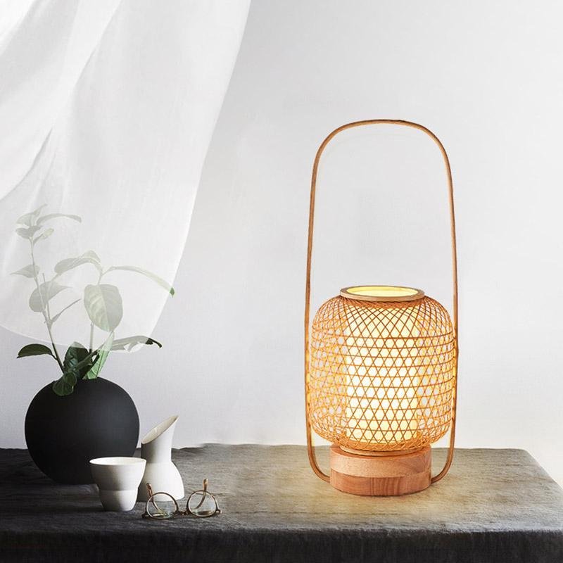 Rustic Bamboo Woven Table Lamp with LED Light & USB for Living Room