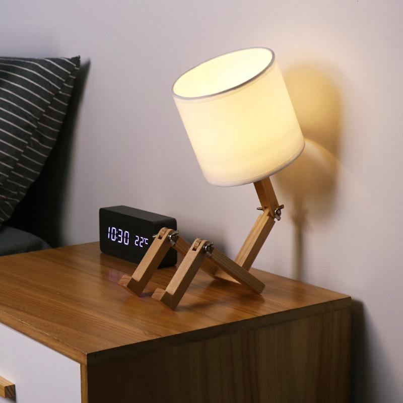 Rustic Adjustable LED Wooden Robot Table Lamp for Bedroom or Office