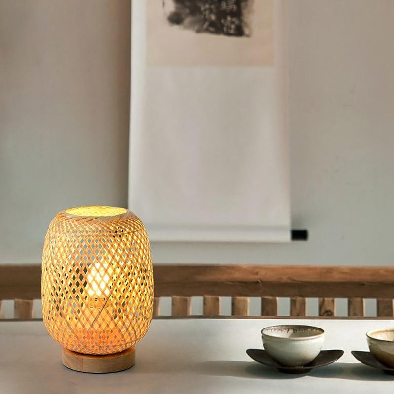Natural Japanese Rattan Table Lamp for Cozy Ambient Lighting in Living Room