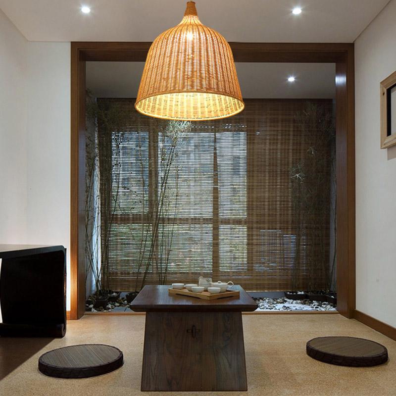 25'' Natural Rattan Rustic Bell Pendant Light for Boho Living Room