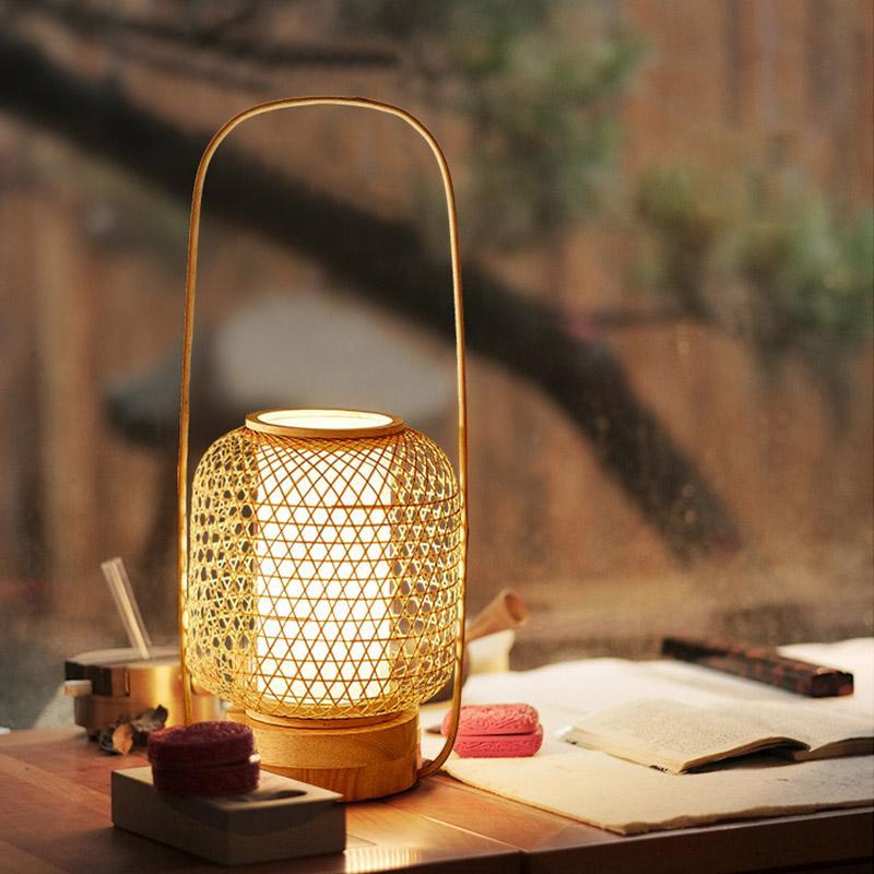 Rustic Bamboo Woven Table Lamp with LED Light & USB for Living Room