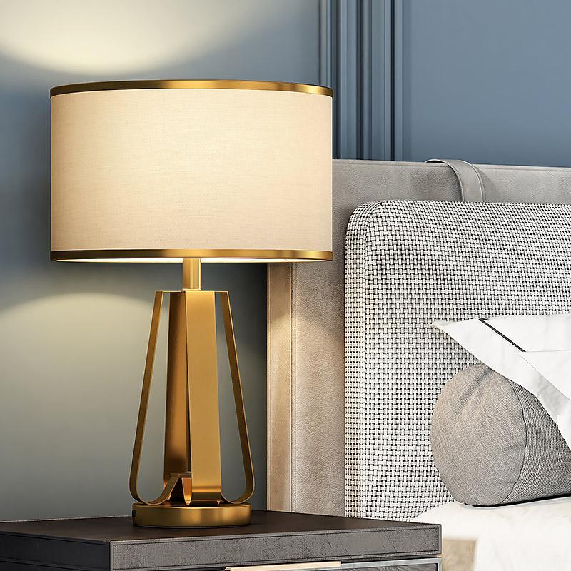 Elegant 22-Inch Gold Brass Geometric Table Lamp in Faux Silk for Living Room