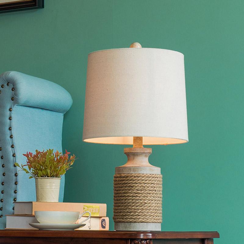 Rustic Oatmeal Fabric Shade Rope Accent Table Lamp for Living Room