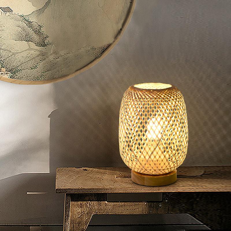 Natural Japanese Rattan Table Lamp for Cozy Ambient Lighting in Living Room