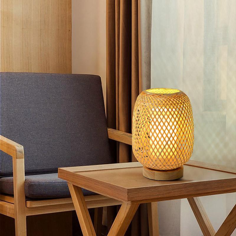 Natural Japanese Rattan Table Lamp for Cozy Ambient Lighting in Living Room