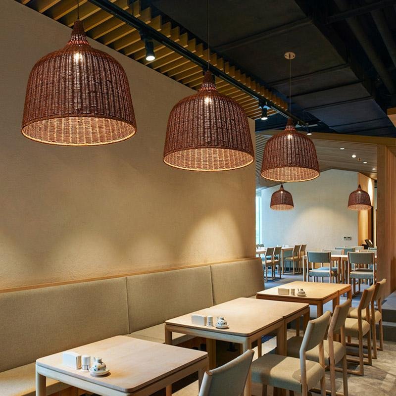 25'' Natural Rattan Rustic Bell Pendant Light for Boho Living Room