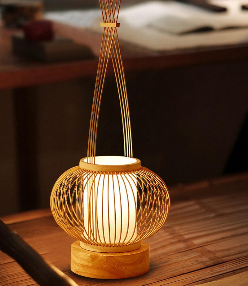 Rustic Bamboo Woven Table Lamp with LED Light & USB for Living Room