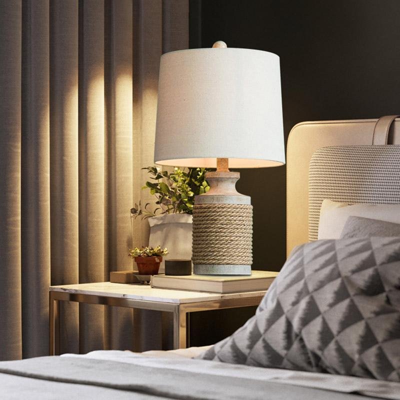 Rustic Oatmeal Fabric Shade Rope Accent Table Lamp for Living Room