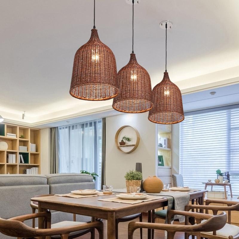 Rustic Rattan Bell Pendant Light Fixture for Boho Home Decor, 25''