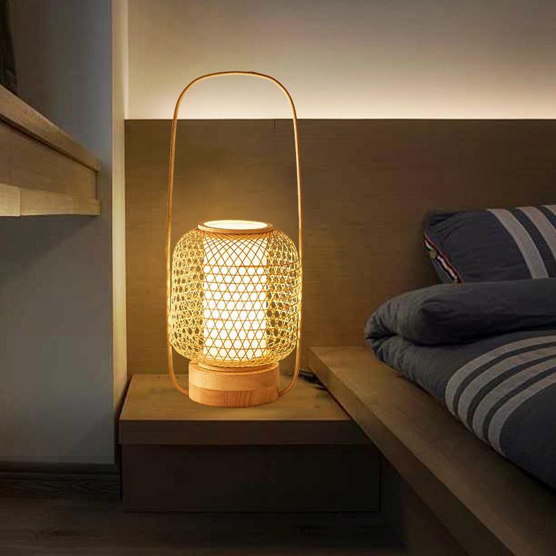 Rustic Bamboo Woven Table Lamp with LED Light & USB for Living Room