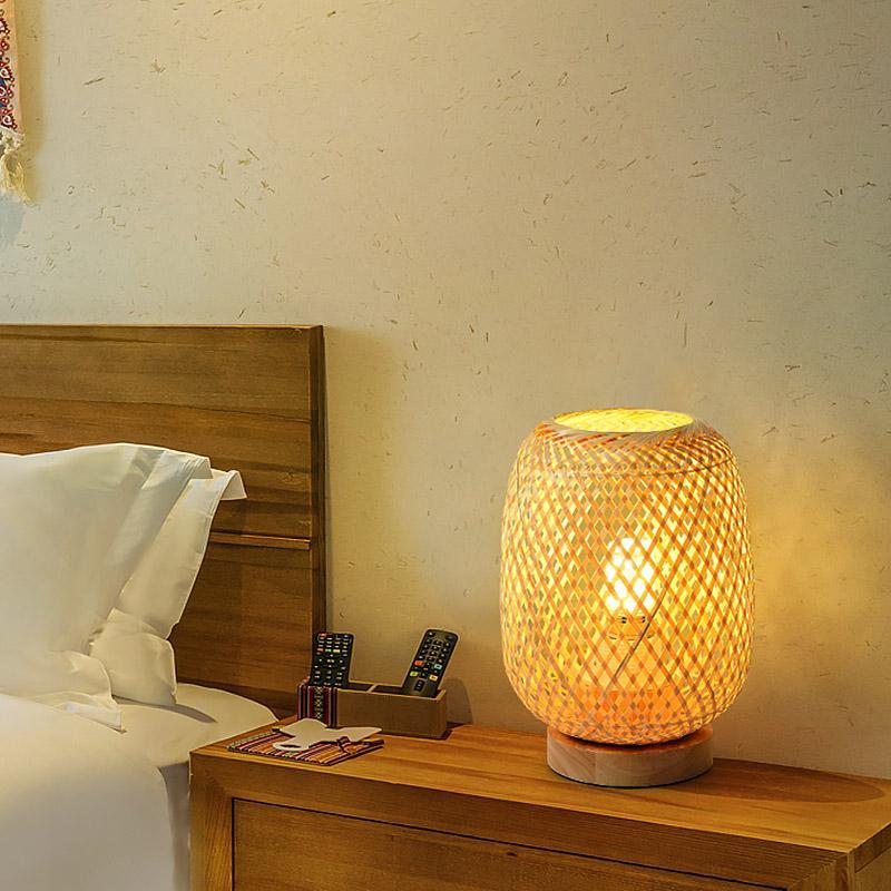 Natural Japanese Rattan Table Lamp for Cozy Ambient Lighting in Living Room