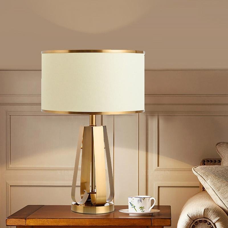 Elegant 22-Inch Gold Brass Geometric Table Lamp in Faux Silk for Living Room