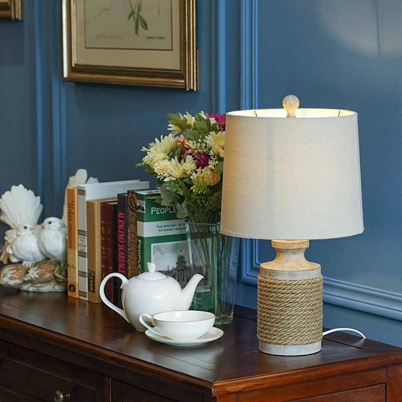 Rustic Oatmeal Fabric Shade Rope Accent Table Lamp for Living Room