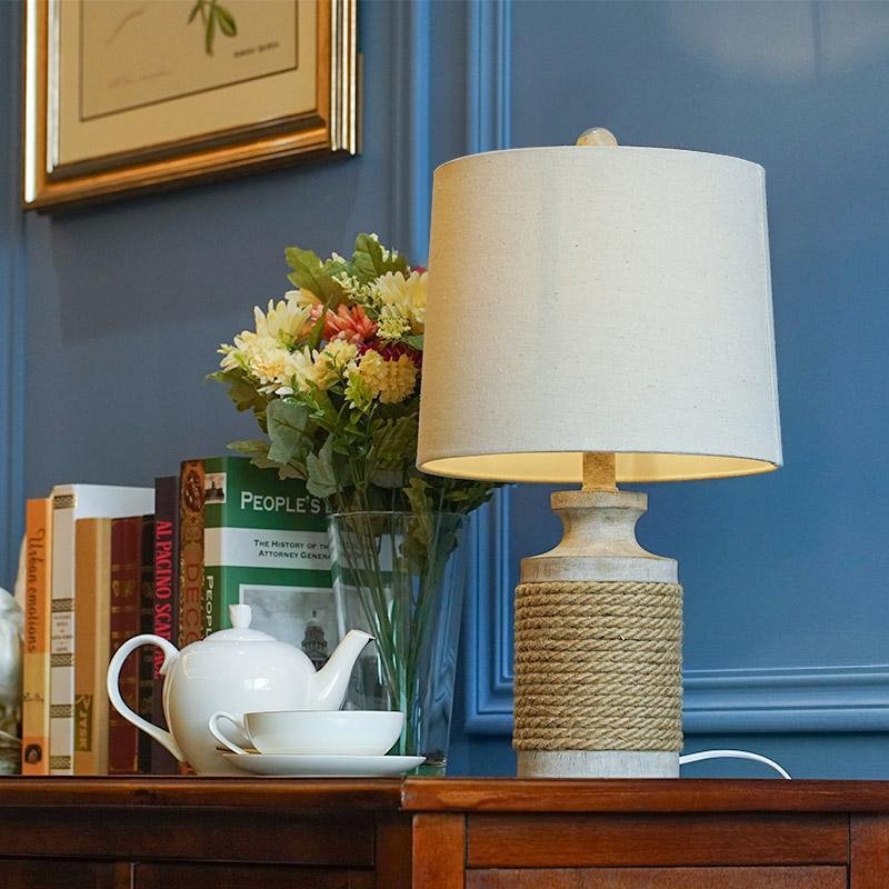 Rustic Oatmeal Fabric Shade Rope Accent Table Lamp for Living Room