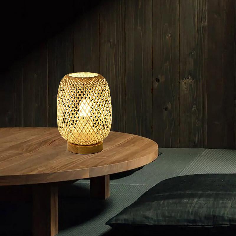 Natural Japanese Rattan Table Lamp for Cozy Ambient Lighting in Living Room