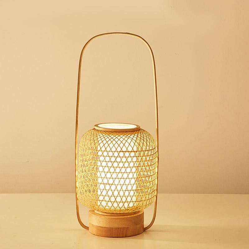 Rustic Bamboo Woven Table Lamp with LED Light & USB for Living Room