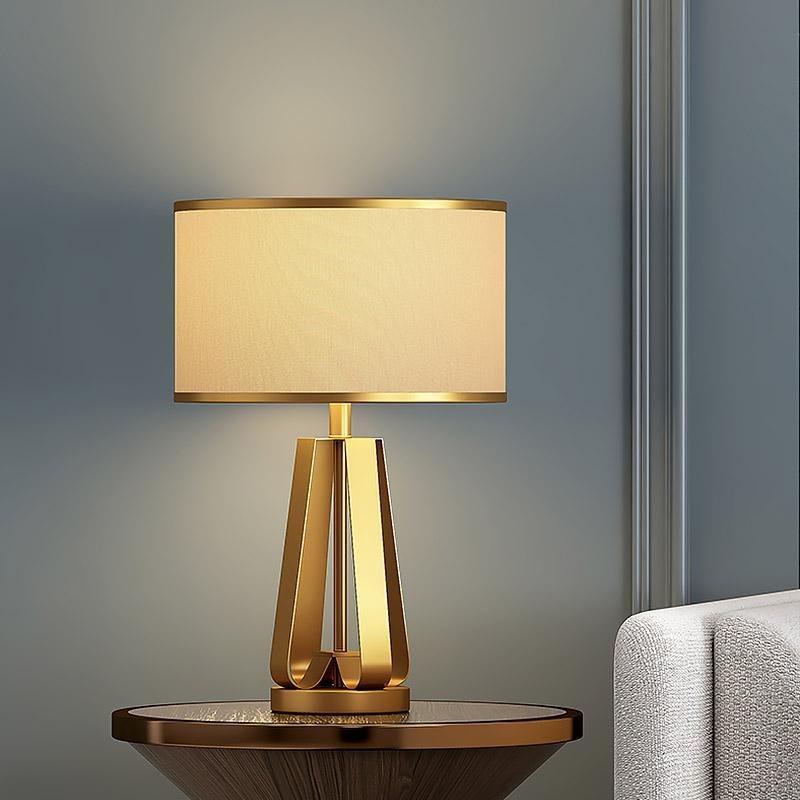 Elegant 22-Inch Gold Brass Geometric Table Lamp in Faux Silk for Living Room