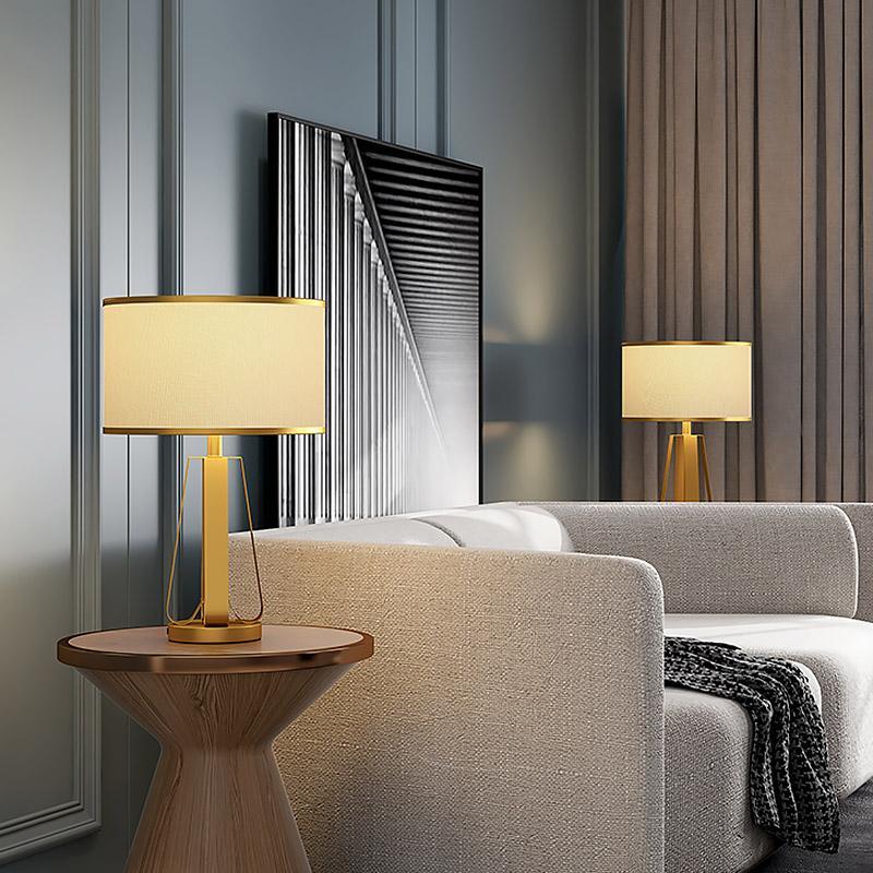 Elegant 22-Inch Gold Brass Geometric Table Lamp in Faux Silk for Living Room