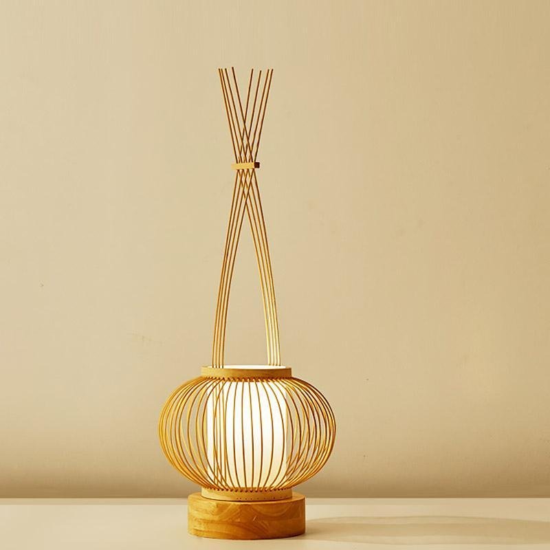 Rustic Bamboo Woven Table Lamp with LED Light & USB for Living Room