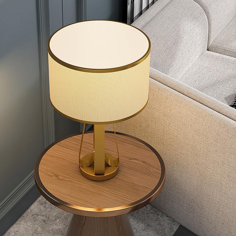 Elegant 22-Inch Gold Brass Geometric Table Lamp in Faux Silk for Living Room