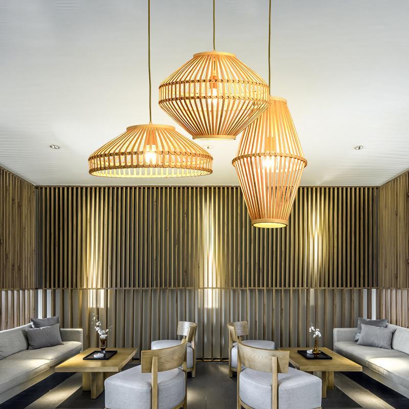 Rustic Circular Bamboo Pendant Light with Diamond Open Design for Kitchen