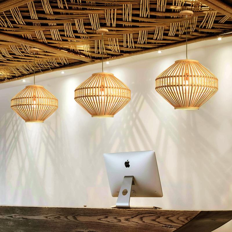 Rustic Circular Bamboo Pendant Light with Diamond Open Design for Farmhouse