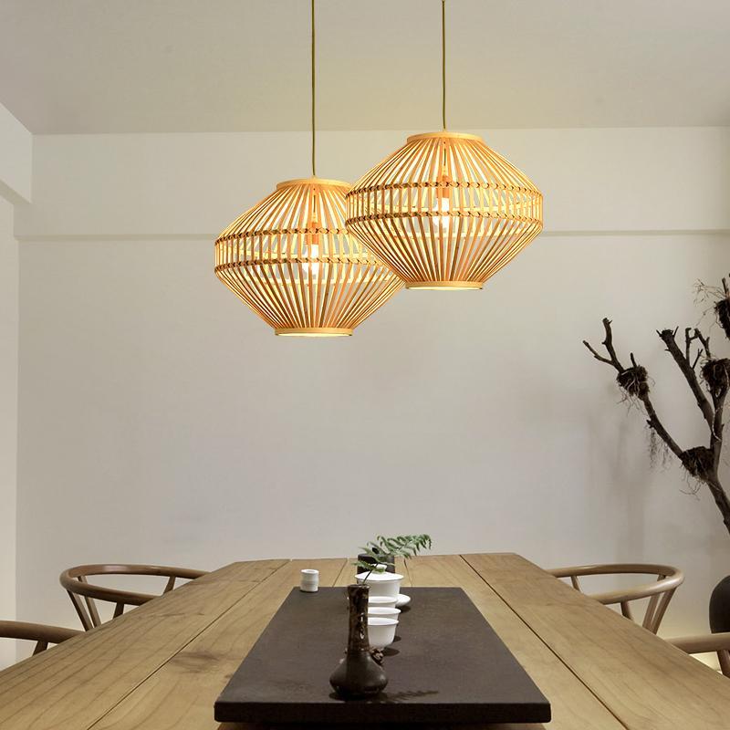 Rustic Circular Bamboo Pendant Light with Diamond Open Design for Kitchen