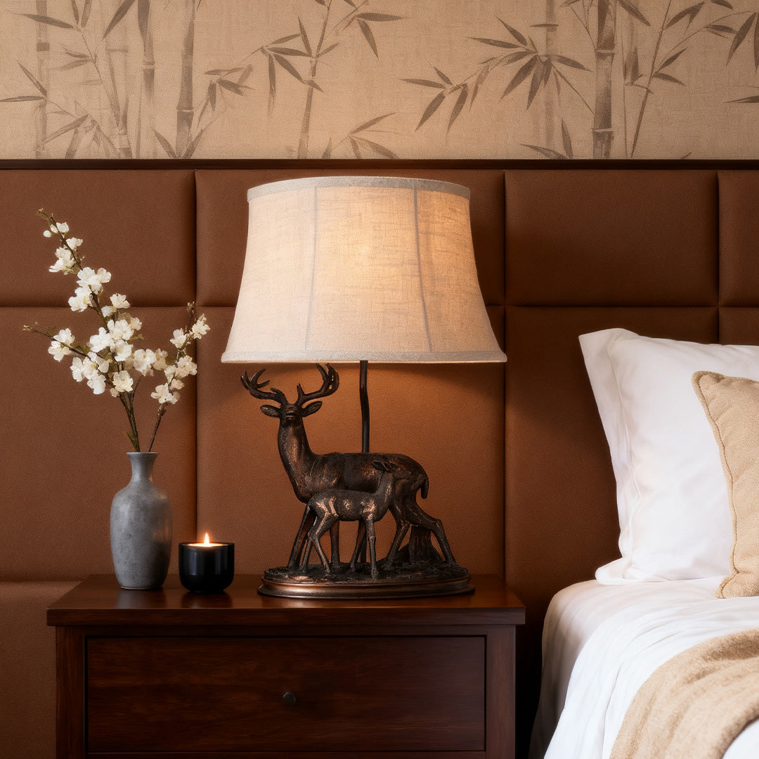 Rustic Deer Table Lamp in Brown Resin for Lodge Living Room Decor
