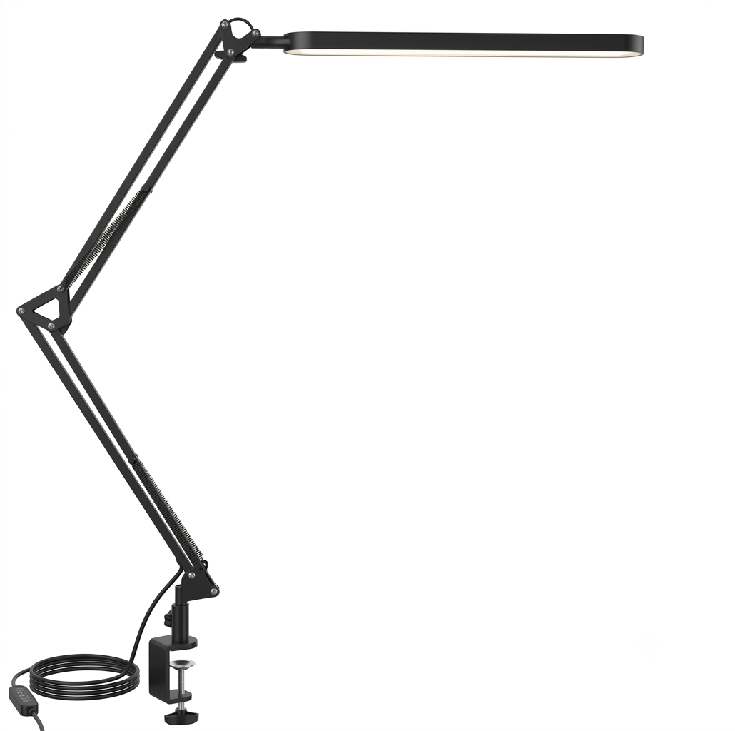 Side profile view of a black adjustable LED desk lamp with a foldable long arm and secure clamp, shown against a solid white background.