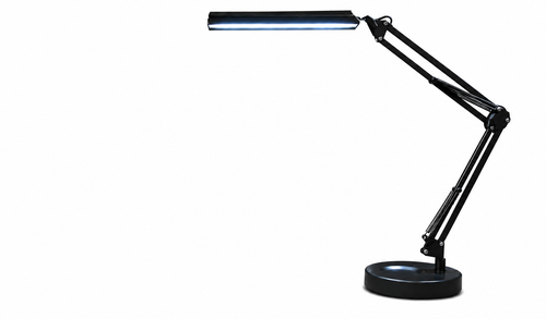 Black adjustable LED desk lamp with clamp and long articulated arm, shown against a solid white background