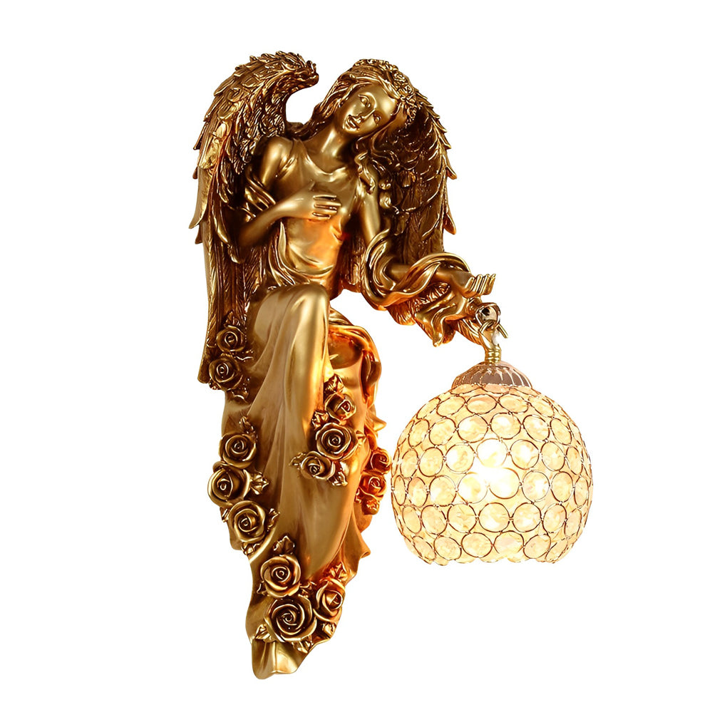 Vintage White Resin Angel Wall Sconce with Crystal Ball for Living Room