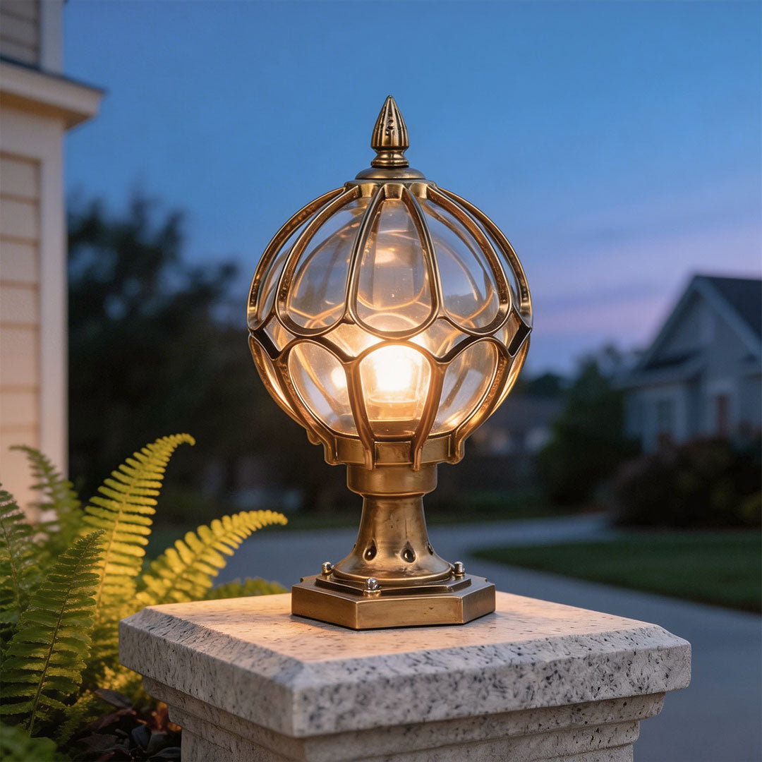 Vintage Copper-Finished Glass Globe Outdoor Post Light for Patios & Yards