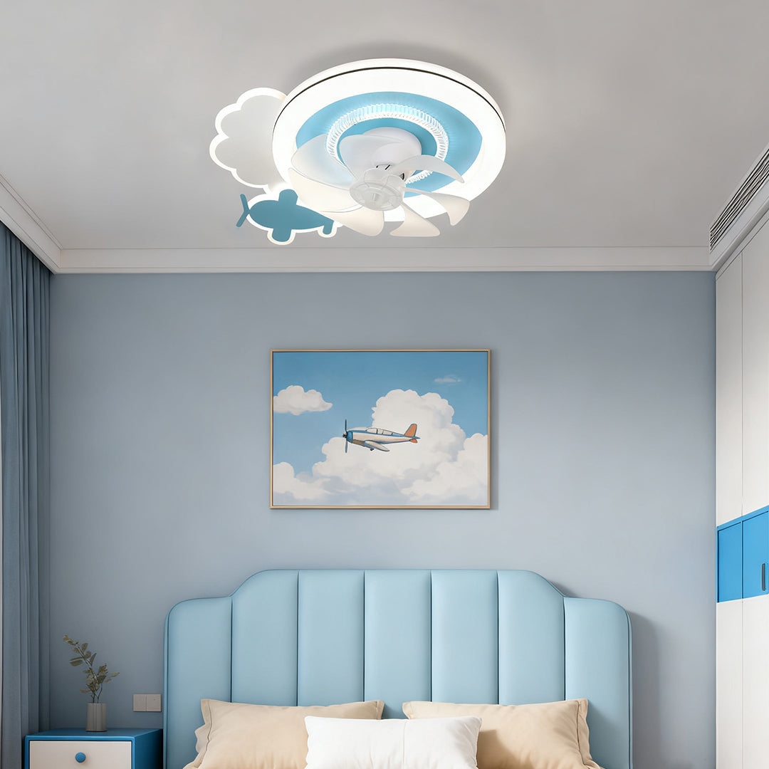 Blue and White Kids' Ceiling Fan with Lights, Quiet Motor for Nurseries