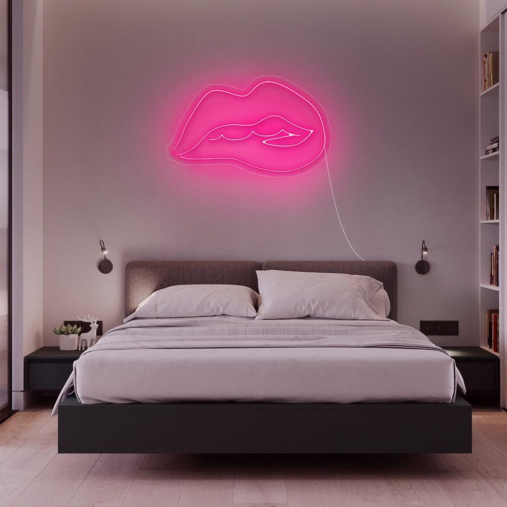 'Vibrant Red Biting Lip LED Neon Wall Sign for Modern Decor'