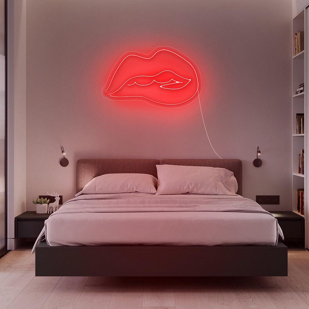 'Vibrant Red Biting Lip LED Neon Wall Sign for Modern Decor'