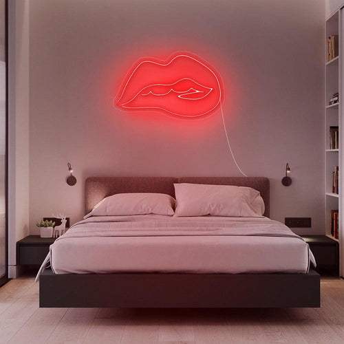 'Vibrant Red Biting Lip LED Neon Wall Sign for Modern Decor'