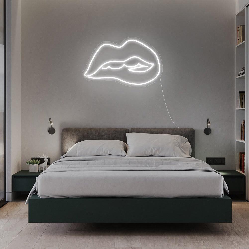 'Vibrant Red Biting Lip LED Neon Wall Sign for Modern Decor'