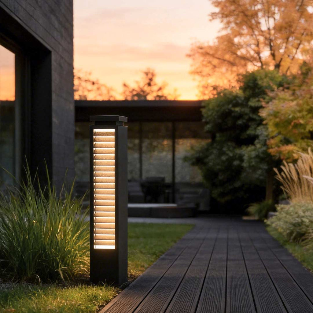 Sleek Black Stainless Steel LED Bollard Louvered Outdoor Path Light