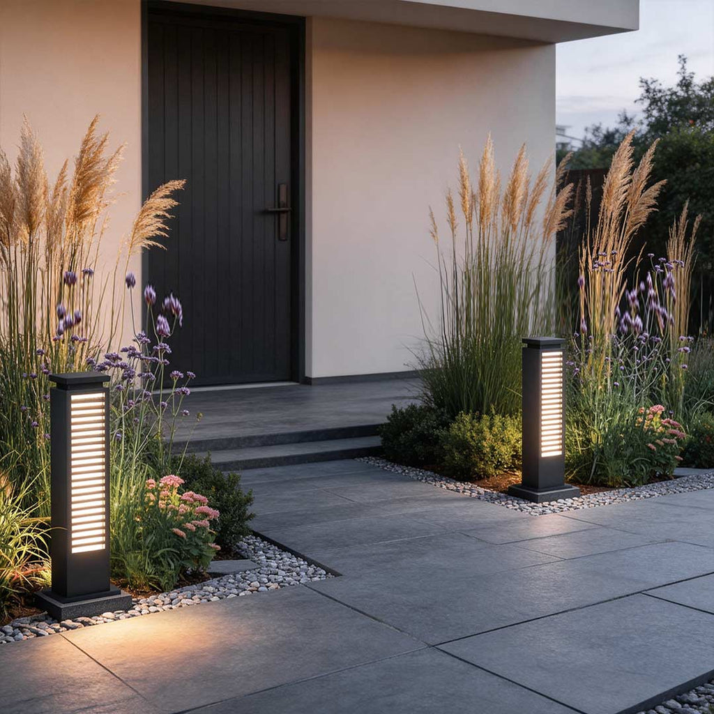 Sleek Black Stainless Steel LED Bollard Louvered Outdoor Path Light