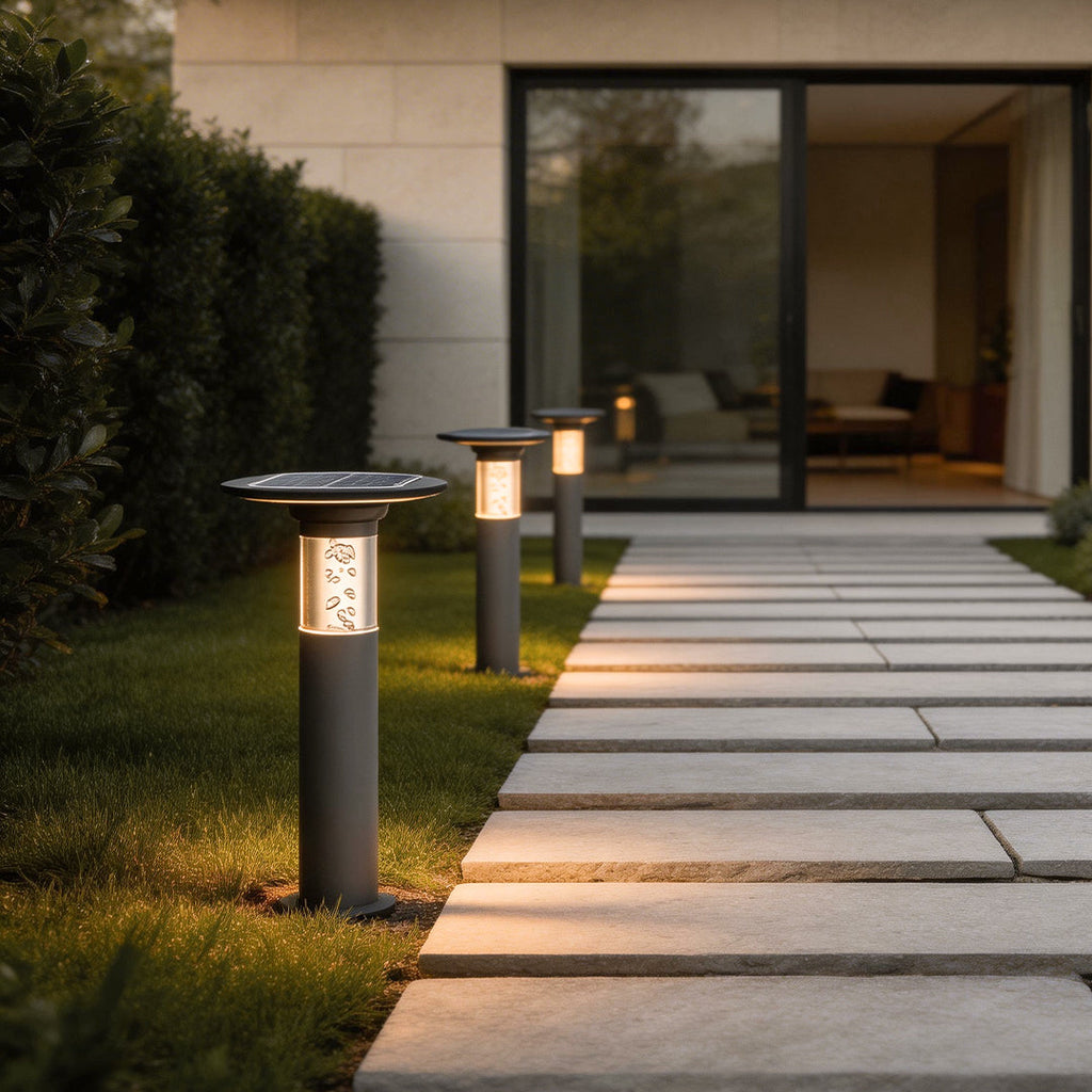 Elegant Black Brass Solar Path Lights with Round Top Disc & Bubble Design