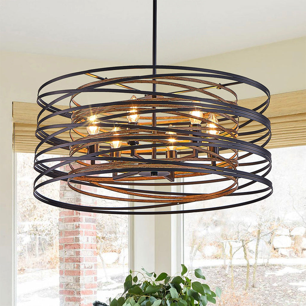Industrial Black Iron Drum Pendant Light Fixture for Dining Room Ceiling