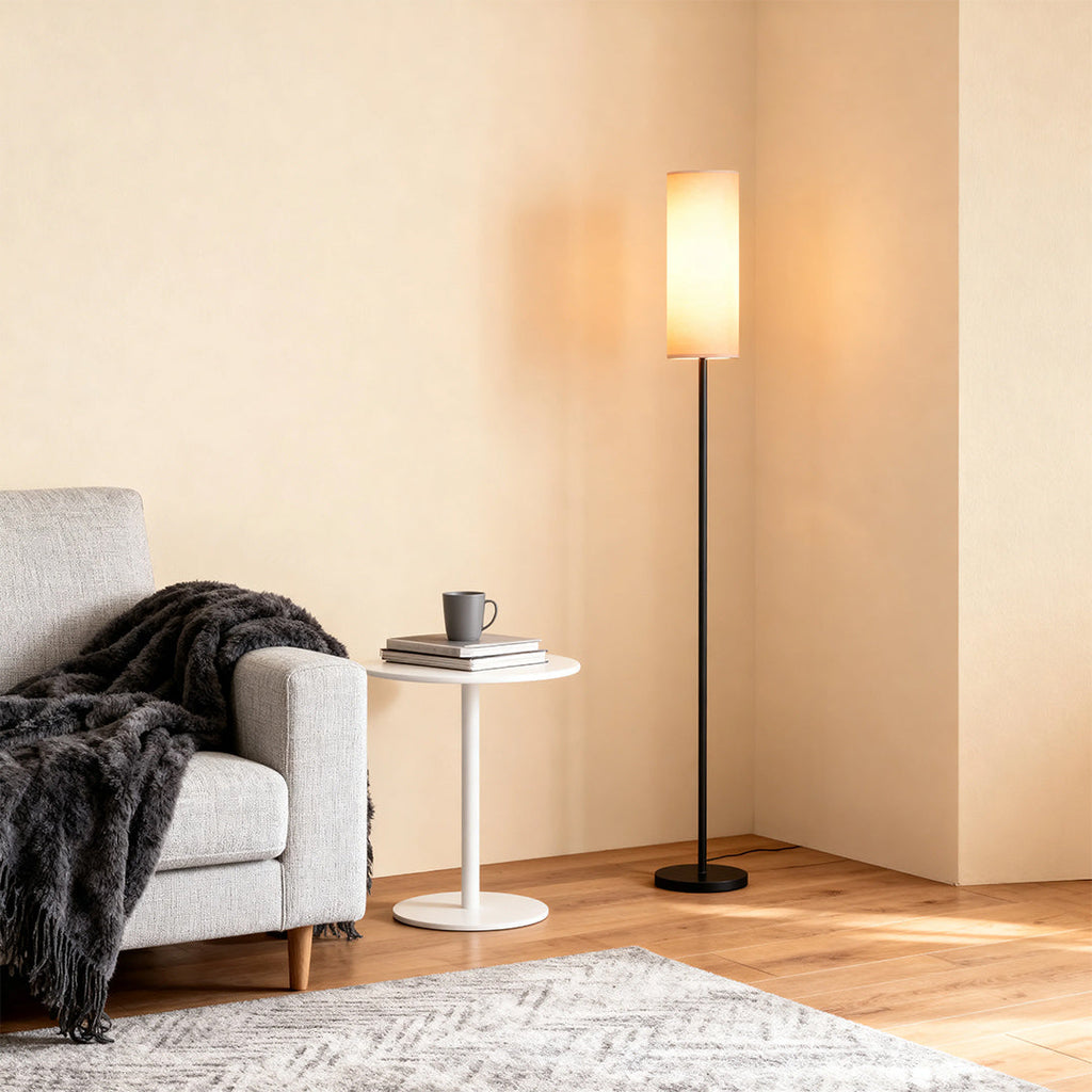 Artistic Black Wrought Iron Floor Lamp with Linen Shade for Living Room
