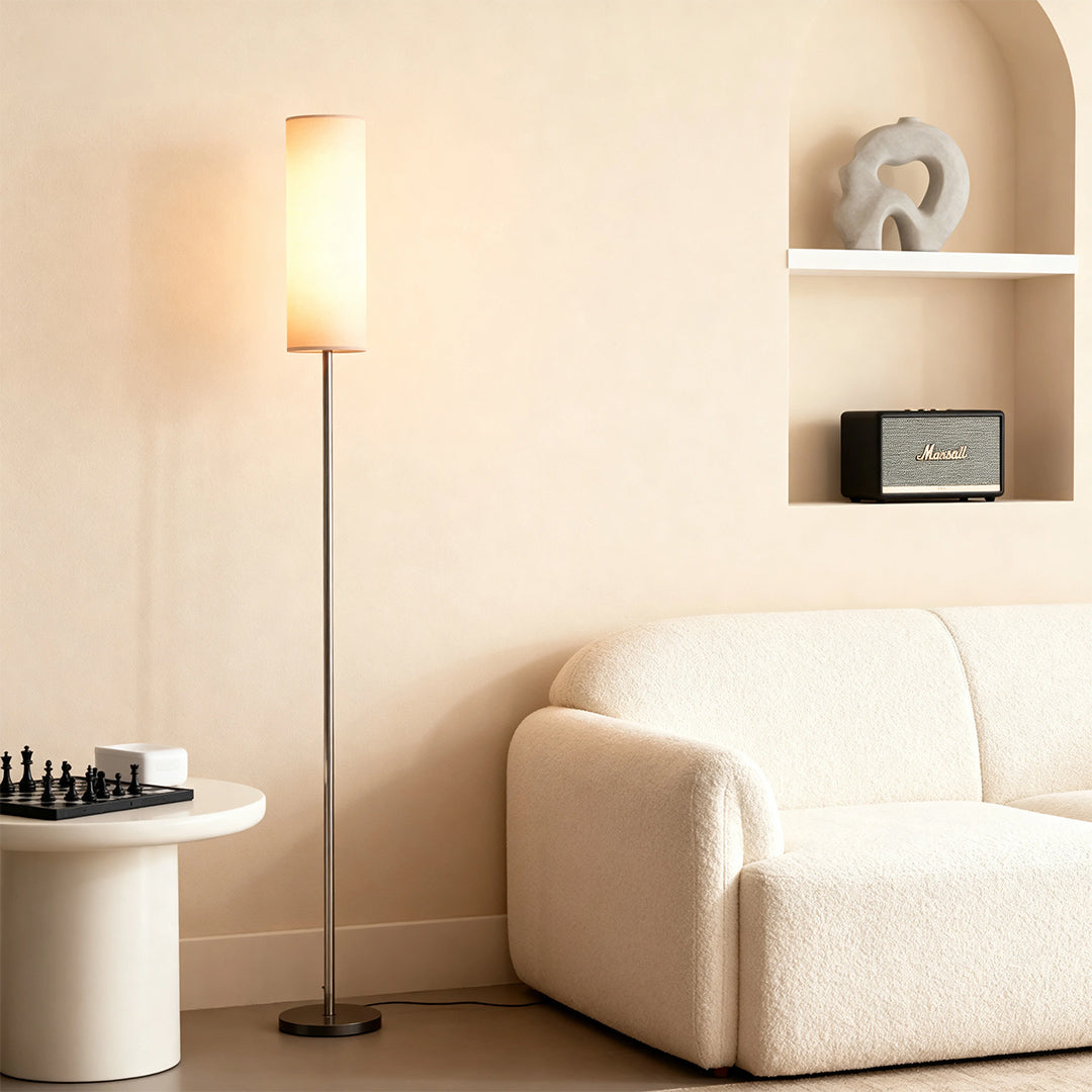 Artistic Black Wrought Iron Floor Lamp with Linen Shade for Living Room