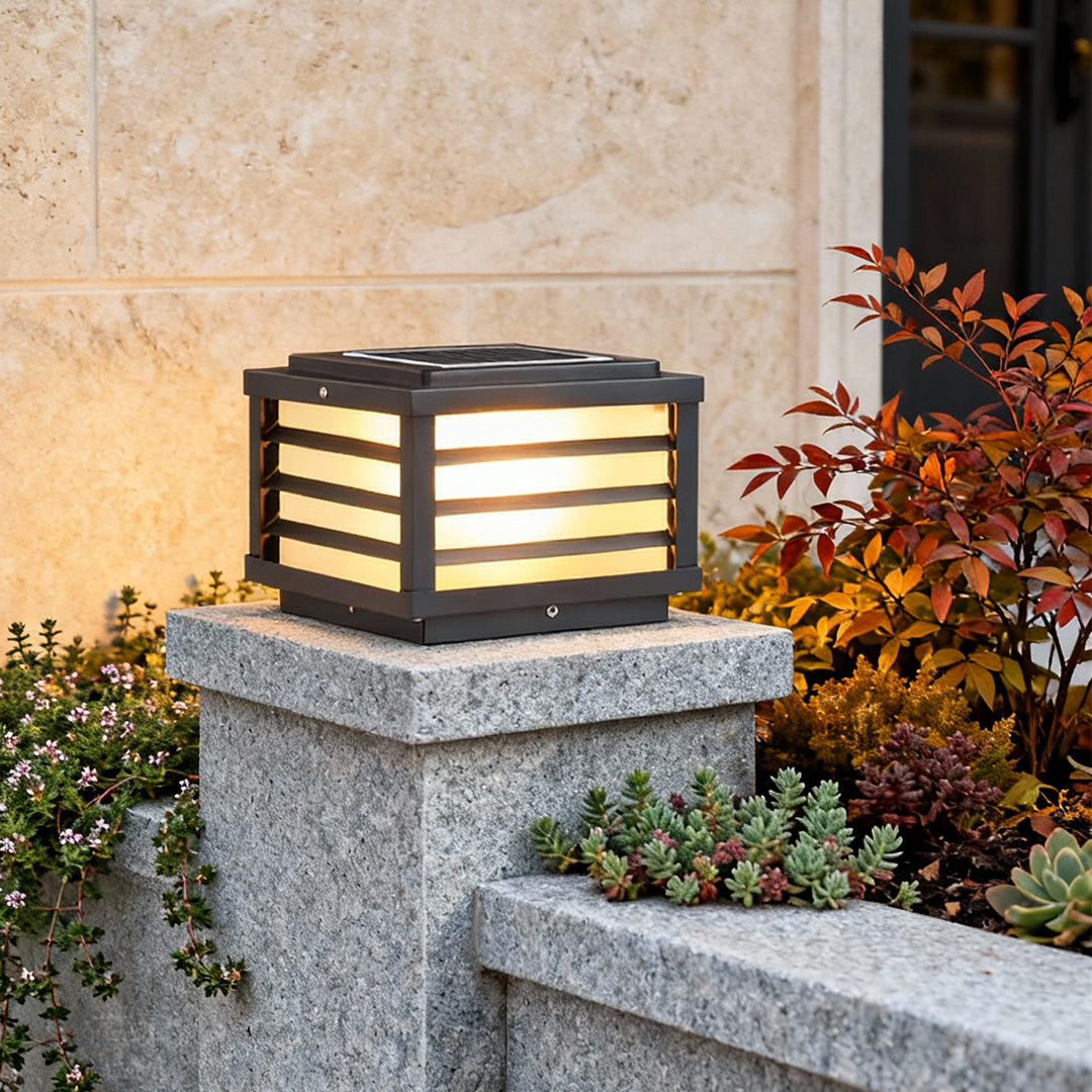 Contemporary Black Square Grid LED Pillar Lights for Outdoor Spaces