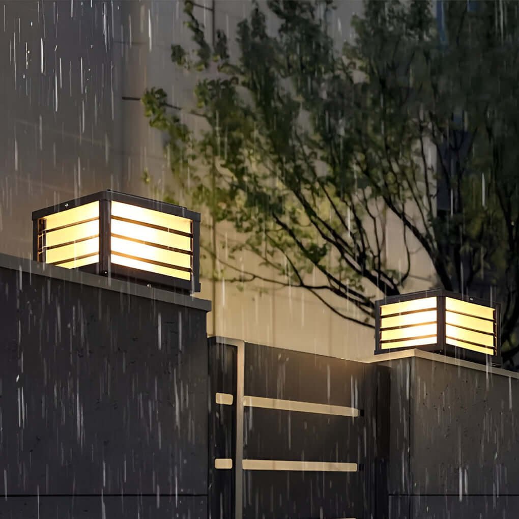 Contemporary Black Square Grid LED Pillar Lights for Outdoor Spaces