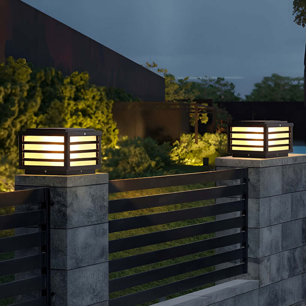 Contemporary Black Square Grid LED Pillar Lights for Outdoor Spaces