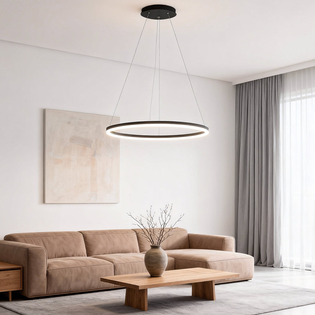 Sleek Black LED Ring Chandelier Fixture in Durable Aluminum for Modern Spaces