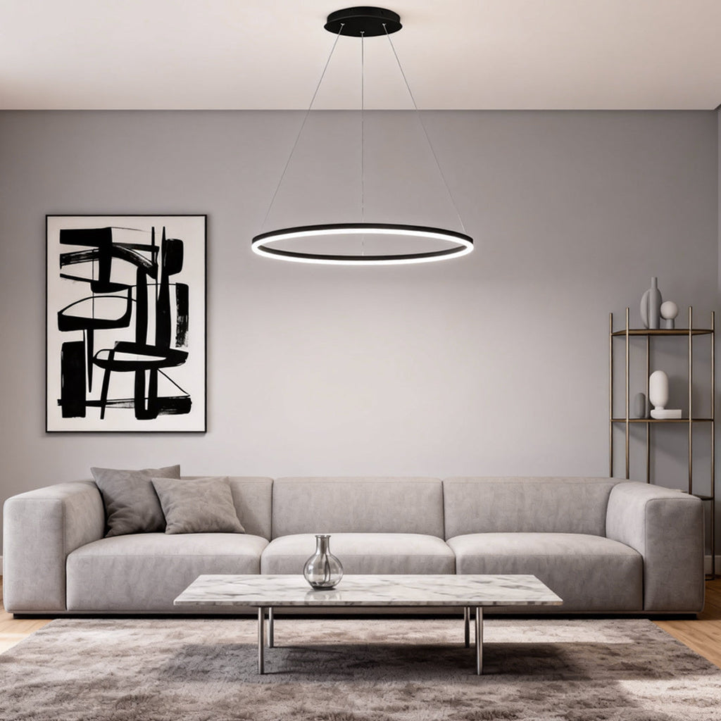 Sleek Black LED Ring Chandelier Fixture in Durable Aluminum for Modern Spaces